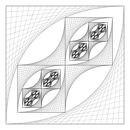 I used a recursive function to draw two parabolic lines within a square. The parabolic lines formed the shape of an eye. Inside the eye, I drew two more squares with parabolic lines within them. I connected the two squares with parabolic lines.