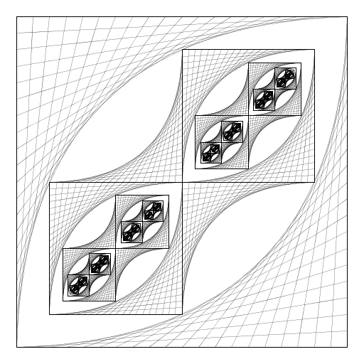 I used a recursive function to draw two parabolic lines within a square. The parabolic lines formed the shape of an eye. Inside the eye, I drew two more squares with parabolic lines within them. I connected the two squares with parabolic lines.