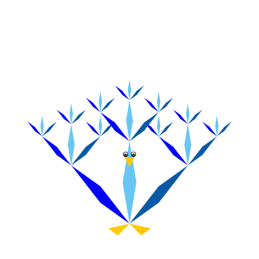 My program uses recursion to draw the pattern and layering of a peacock's feathers and adds the body (beak, eyes, and feet). I used trig to create the design of the feathers and to figure out how to adjust my code so that the true overall shape of the peacock's feathers maintained a particular shape once I began the overlapping to create the layers of feathers, while staying in proportion to the peacock's original body size. The higher the recursion, N, the more dense the layering of the feathers.