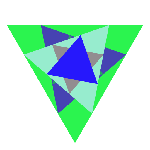 My artistic compilation uses two recursions to draw two spiraling triangles on top of each other that are then filled in with random colors. The spirals are created by drawing triangles between weighted midpoints of the triangle they are inside. The amount of weight of each midpoint depends on how many iterations are requested. The colors are made via Math.random.