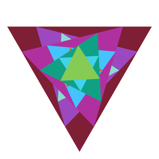 My artistic compilation uses two recursions to draw two spiraling triangles on top of each other that are then filled in with random colors. The spirals are created by drawing triangles between weighted midpoints of the triangle they are inside. The amount of weight of each midpoint depends on how many iterations are requested. The colors are made via Math.random.