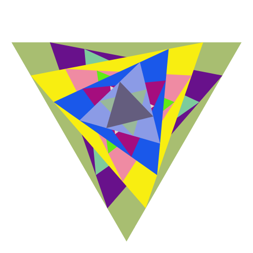 My artistic compilation uses two recursions to draw two spiraling triangles on top of each other that are then filled in with random colors. The spirals are created by drawing triangles between weighted midpoints of the triangle they are inside. The amount of weight of each midpoint depends on how many iterations are requested. The colors are made via Math.random.