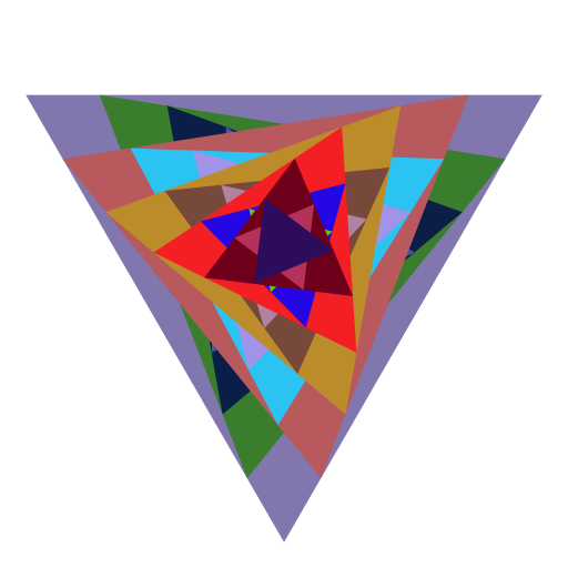 My artistic compilation uses two recursions to draw two spiraling triangles on top of each other that are then filled in with random colors. The spirals are created by drawing triangles between weighted midpoints of the triangle they are inside. The amount of weight of each midpoint depends on how many iterations are requested. The colors are made via Math.random.