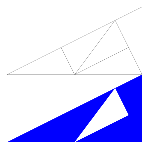 My program draws the Pinwheel fractal, discovered by John Conway. It is formed by cutting up a right triangle with legs 1 and 2 into 5 smaller copies of itself. The construction is shown above the fractal. The smaller triangles are rotated in such a way that the triangles in the fractal are rotated through infinitely many angles. This fractal is based on the example from http://en.wikipedia.org/wiki/Pinwheel_tiling.