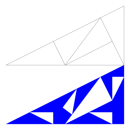 My program draws the Pinwheel fractal, discovered by John Conway. It is formed by cutting up a right triangle with legs 1 and 2 into 5 smaller copies of itself. The construction is shown above the fractal. The smaller triangles are rotated in such a way that the triangles in the fractal are rotated through infinitely many angles. This fractal is based on the example from http://en.wikipedia.org/wiki/Pinwheel_tiling.