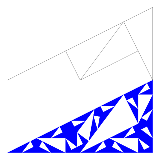 My program draws the Pinwheel fractal, discovered by John Conway. It is formed by cutting up a right triangle with legs 1 and 2 into 5 smaller copies of itself. The construction is shown above the fractal. The smaller triangles are rotated in such a way that the triangles in the fractal are rotated through infinitely many angles. This fractal is based on the example from http://en.wikipedia.org/wiki/Pinwheel_tiling.