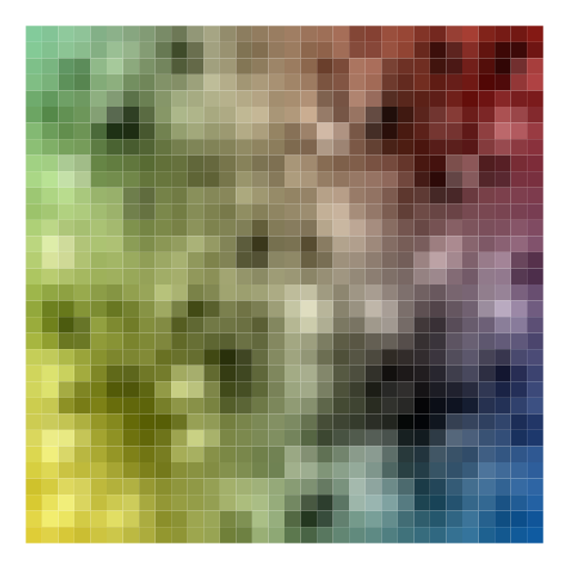 I took my inspiration from the book's vague description of how make a plasma cloud. The program repeatedly averages colors at the corners of the square and assigns this color, offset slightly, as a center color to determine the colors of the corners of smaller squares inside. At the base case, it draws these squares based on an average of the corners.