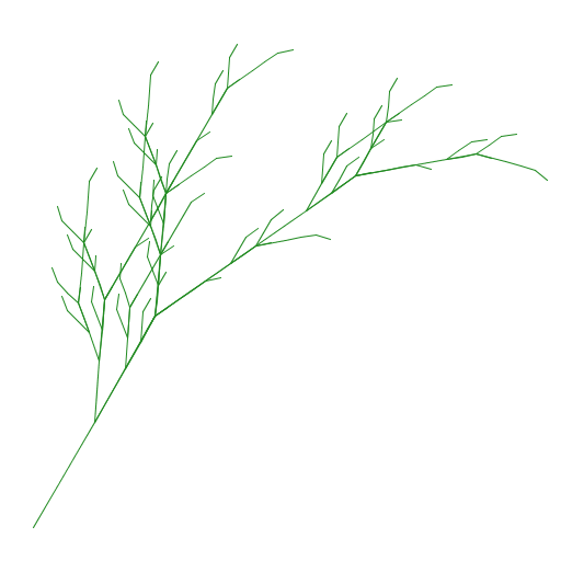 My artistic creation is a plant formed by a multitude of line segments of various lengths and angles. It was adapted from an L-system, or Lindenmayer system, plant fractal.