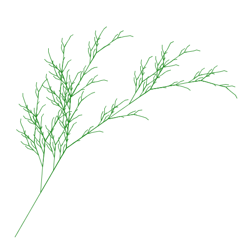 My artistic creation is a plant formed by a multitude of line segments of various lengths and angles. It was adapted from an L-system, or Lindenmayer system, plant fractal.