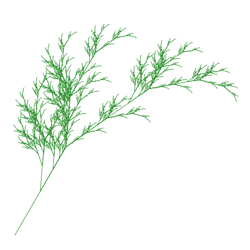 My artistic creation is a plant formed by a multitude of line segments of various lengths and angles. It was adapted from an L-system, or Lindenmayer system, plant fractal.