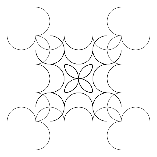 My artistic creation produces N squares, where the side of each square is made of semicircles. I basically just played around a lot until I got what I was looking for. I did spend a bit of time figuring out what the size should be and where I wanted each square to go, though.