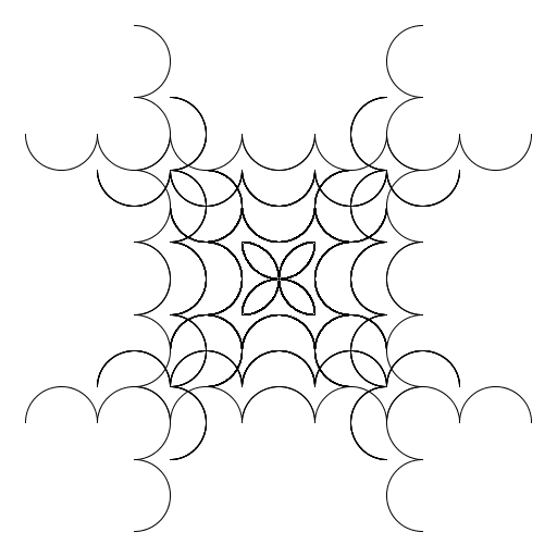 My artistic creation produces N squares, where the side of each square is made of semicircles. I basically just played around a lot until I got what I was looking for. I did spend a bit of time figuring out what the size should be and where I wanted each square to go, though.