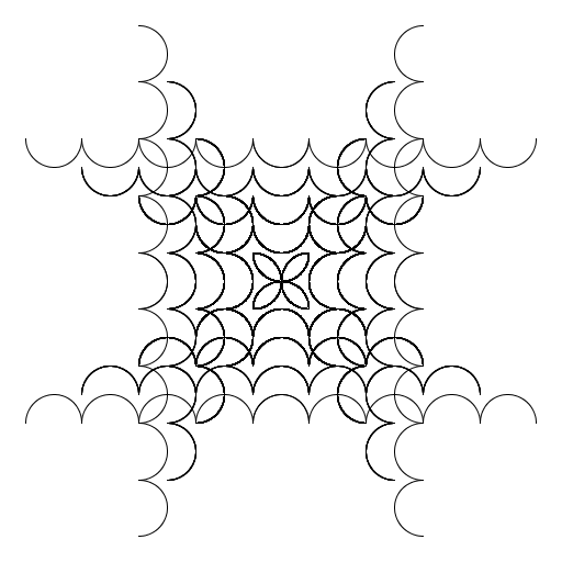 My artistic creation produces N squares, where the side of each square is made of semicircles. I basically just played around a lot until I got what I was looking for. I did spend a bit of time figuring out what the size should be and where I wanted each square to go, though.