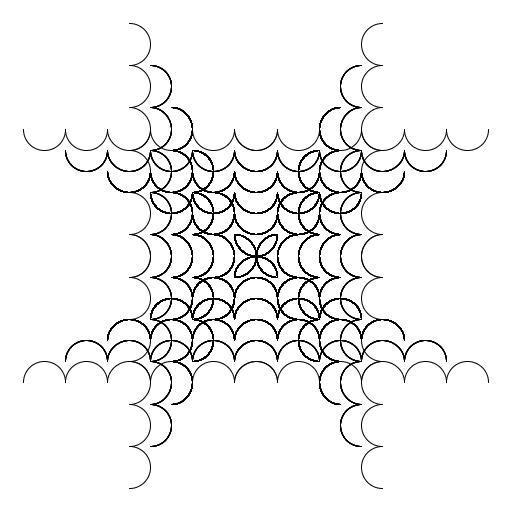 My artistic creation produces N squares, where the side of each square is made of semicircles. I basically just played around a lot until I got what I was looking for. I did spend a bit of time figuring out what the size should be and where I wanted each square to go, though.