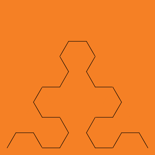 My creation was the Sierpinski Curve. It starts with a horizontal line; at each level of recursion, every line is replaced with a baseless trapezoid in a particular direction. As the level of recursion goes to infinity, it forms the Sierpinski Triangle. Challenges in writing it included line deletion (I ended up drawing over them with a larger PenRadius) and determining a way to generate the trapezoid points using only the line endpoints as input (seeing Euclid's method for drawing hexagons with circles on Wikipedia was chief inspiration).