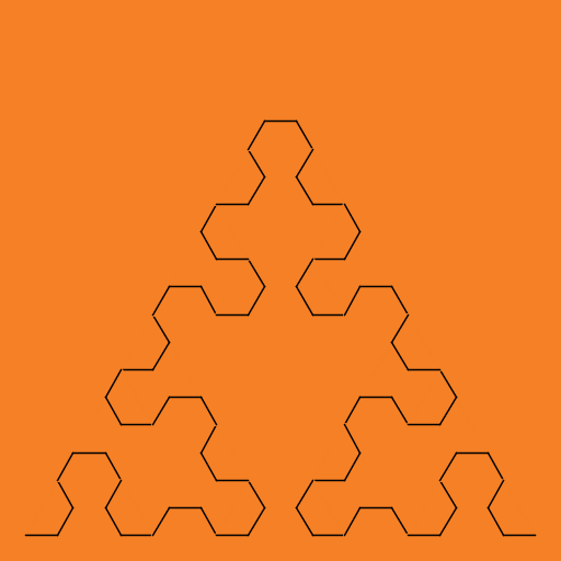 My creation was the Sierpinski Curve. It starts with a horizontal line; at each level of recursion, every line is replaced with a baseless trapezoid in a particular direction. As the level of recursion goes to infinity, it forms the Sierpinski Triangle. Challenges in writing it included line deletion (I ended up drawing over them with a larger PenRadius) and determining a way to generate the trapezoid points using only the line endpoints as input (seeing Euclid's method for drawing hexagons with circles on Wikipedia was chief inspiration).