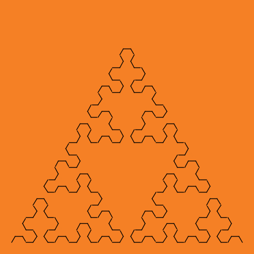 My creation was the Sierpinski Curve. It starts with a horizontal line; at each level of recursion, every line is replaced with a baseless trapezoid in a particular direction. As the level of recursion goes to infinity, it forms the Sierpinski Triangle. Challenges in writing it included line deletion (I ended up drawing over them with a larger PenRadius) and determining a way to generate the trapezoid points using only the line endpoints as input (seeing Euclid's method for drawing hexagons with circles on Wikipedia was chief inspiration).