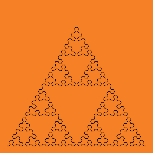 My creation was the Sierpinski Curve. It starts with a horizontal line; at each level of recursion, every line is replaced with a baseless trapezoid in a particular direction. As the level of recursion goes to infinity, it forms the Sierpinski Triangle. Challenges in writing it included line deletion (I ended up drawing over them with a larger PenRadius) and determining a way to generate the trapezoid points using only the line endpoints as input (seeing Euclid's method for drawing hexagons with circles on Wikipedia was chief inspiration).