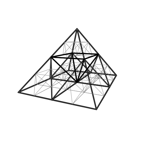 I've tried to turn the Sierpinski triangle into a pyramid and make it turn and twist (yes - it's animated, but you can only see the still frames). I've used the recursive function on the initial coordinates array with 3 components, and used a function to turn that array into one with only 2 components, to be projected on the flat screen. I would pass along some angles to make the pyramid wobble as it rotates, so you can view it from every possible perspective.
