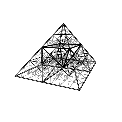 I've tried to turn the Sierpinski triangle into a pyramid and make it turn and twist (yes - it's animated, but you can only see the still frames). I've used the recursive function on the initial coordinates array with 3 components, and used a function to turn that array into one with only 2 components, to be projected on the flat screen. I would pass along some angles to make the pyramid wobble as it rotates, so you can view it from every possible perspective.