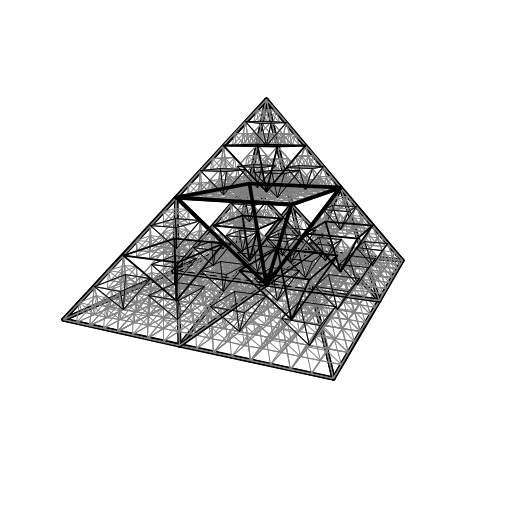 I've tried to turn the Sierpinski triangle into a pyramid and make it turn and twist (yes - it's animated, but you can only see the still frames). I've used the recursive function on the initial coordinates array with 3 components, and used a function to turn that array into one with only 2 components, to be projected on the flat screen. I would pass along some angles to make the pyramid wobble as it rotates, so you can view it from every possible perspective.