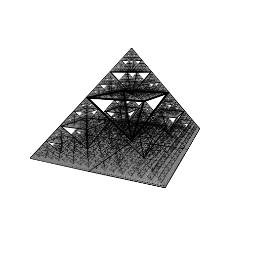 I've tried to turn the Sierpinski triangle into a pyramid and make it turn and twist (yes - it's animated, but you can only see the still frames). I've used the recursive function on the initial coordinates array with 3 components, and used a function to turn that array into one with only 2 components, to be projected on the flat screen. I would pass along some angles to make the pyramid wobble as it rotates, so you can view it from every possible perspective.