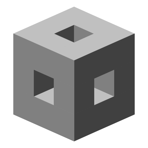 I looked through Google images of fractals to get inspiration and came across both a 2D and 3D interpretation of the repeating square design. This is what my program outputs, in three shades of gray, 1 for each side. After much trial and error, I figured out that I had to make two separate recursive calls, one to draw the middle hole of a face and one to color the actual face. Each level uses this same recursive tree, drawing holes and faces in proper order. Each hole is composed of the the faces of two other sides at one-third the size. I created two separate methods for each of three sides for a total of 6 recursive methods. The methods to draw the face of a side only calls itself. The methods to draw the holes of each face call 5 of the 6 recursive methods. Note: I only use StdDraw and not StdDraw3D even though the output has the appearance of 3-dimensions.