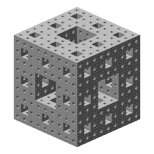 I looked through Google images of fractals to get inspiration and came across both a 2D and 3D interpretation of the repeating square design. This is what my program outputs, in three shades of gray, 1 for each side. After much trial and error, I figured out that I had to make two separate recursive calls, one to draw the middle hole of a face and one to color the actual face. Each level uses this same recursive tree, drawing holes and faces in proper order. Each hole is composed of the the faces of two other sides at one-third the size. I created two separate methods for each of three sides for a total of 6 recursive methods. The methods to draw the face of a side only calls itself. The methods to draw the holes of each face call 5 of the 6 recursive methods. Note: I only use StdDraw and not StdDraw3D even though the output has the appearance of 3-dimensions.