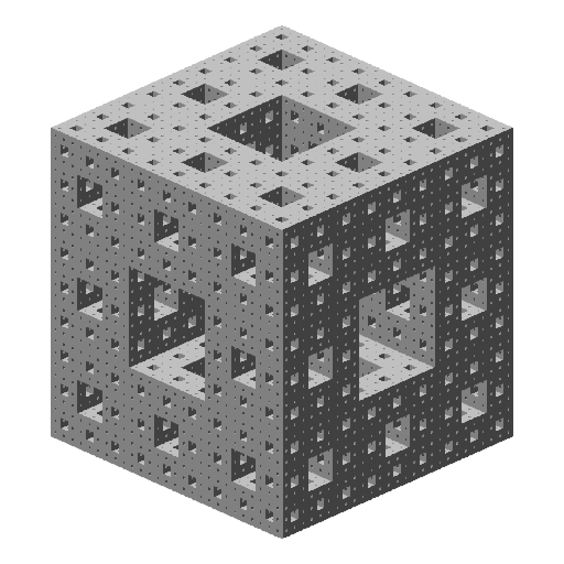 I looked through Google images of fractals to get inspiration and came across both a 2D and 3D interpretation of the repeating square design. This is what my program outputs, in three shades of gray, 1 for each side. After much trial and error, I figured out that I had to make two separate recursive calls, one to draw the middle hole of a face and one to color the actual face. Each level uses this same recursive tree, drawing holes and faces in proper order. Each hole is composed of the the faces of two other sides at one-third the size. I created two separate methods for each of three sides for a total of 6 recursive methods. The methods to draw the face of a side only calls itself. The methods to draw the holes of each face call 5 of the 6 recursive methods. Note: I only use StdDraw and not StdDraw3D even though the output has the appearance of 3-dimensions.