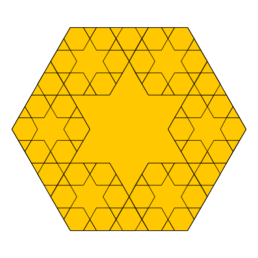 I wanted to do something with a star, and so when I came across a picture online of a star in a hexagon like this, I tried to figure out how to do it. I used 6 hexagons within the hexagon to create the star from the outline of the hexagon. I wasn't happy with the extra triangles they left, though, so I put hexagons in the leftover triangles and used hexagonal recursion inside those hexagons. Thus, double recursion!