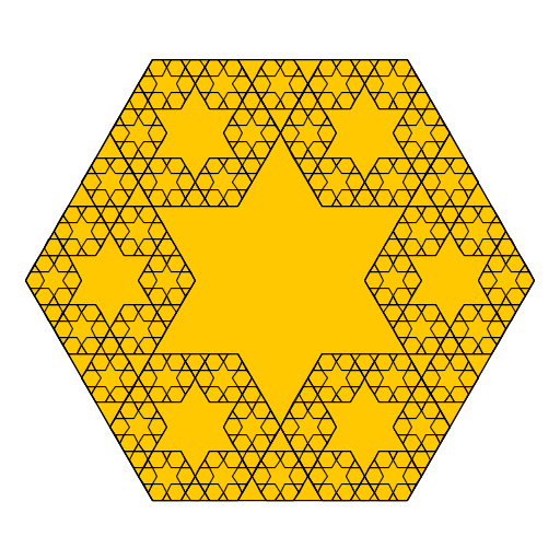 I wanted to do something with a star, and so when I came across a picture online of a star in a hexagon like this, I tried to figure out how to do it. I used 6 hexagons within the hexagon to create the star from the outline of the hexagon. I wasn't happy with the extra triangles they left, though, so I put hexagons in the leftover triangles and used hexagonal recursion inside those hexagons. Thus, double recursion!