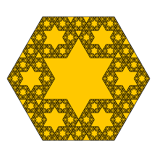 I wanted to do something with a star, and so when I came across a picture online of a star in a hexagon like this, I tried to figure out how to do it. I used 6 hexagons within the hexagon to create the star from the outline of the hexagon. I wasn't happy with the extra triangles they left, though, so I put hexagons in the leftover triangles and used hexagonal recursion inside those hexagons. Thus, double recursion!