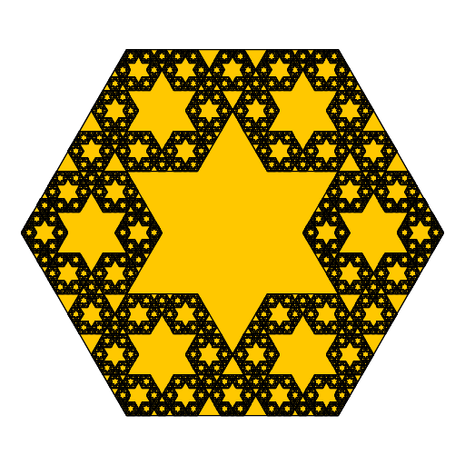 I wanted to do something with a star, and so when I came across a picture online of a star in a hexagon like this, I tried to figure out how to do it. I used 6 hexagons within the hexagon to create the star from the outline of the hexagon. I wasn't happy with the extra triangles they left, though, so I put hexagons in the leftover triangles and used hexagonal recursion inside those hexagons. Thus, double recursion!