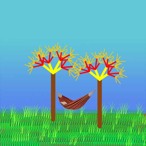 I decided to draw two trees using recursion. The first iteration involved drawing 4 branches at the end of the trunk. Each subsequent iteration would draw 4 smaller branches on the old branches. I allowed the branches to change color depending on iteration. The new branches would bend away from the old branches at a constant angle. Finally, I included a background with a picture of a hammock.