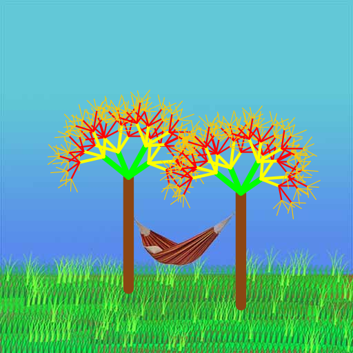 I decided to draw two trees using recursion. The first iteration involved drawing 4 branches at the end of the trunk. Each subsequent iteration would draw 4 smaller branches on the old branches. I allowed the branches to change color depending on iteration. The new branches would bend away from the old branches at a constant angle. Finally, I included a background with a picture of a hammock.