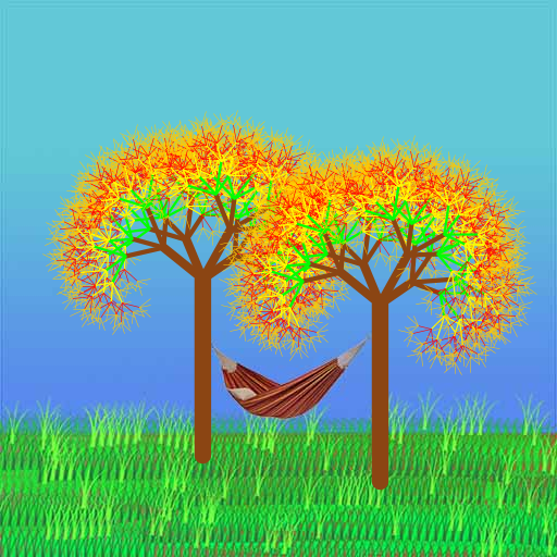 I decided to draw two trees using recursion. The first iteration involved drawing 4 branches at the end of the trunk. Each subsequent iteration would draw 4 smaller branches on the old branches. I allowed the branches to change color depending on iteration. The new branches would bend away from the old branches at a constant angle. Finally, I included a background with a picture of a hammock.