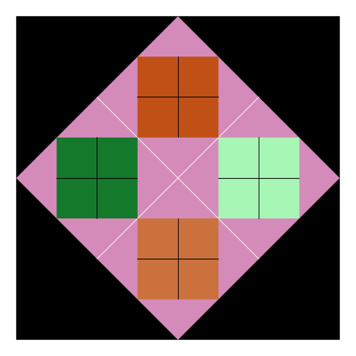 I started by looking at previous student submissions from Spring '12, and Christina Efthimion's design with the tilted squares. I modified the design to make it my own. My artistic creation consists of four squares inside a square with each inner square tilted so that its corners are at the midpoint of the larger square. To produce the program, I made several methods that called each other recursively (indirect recursion). The program starts with one filled square in the regular orientation and calls several different recursive methods to split the square into four parts and create filled tilted squares inside each regular square. The program uses indirect recursion and different methods to make the tilted and regular squares alternate. Finally, I generated random colors to fill in the initial tilted square and the inner regular squares.