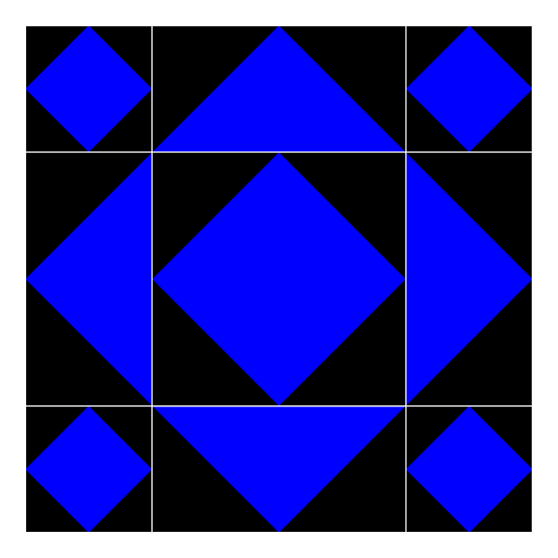 My artistic creation centers around a black square with a white outline with a blue diamond inside. This is repeatedly drawn inside itself and in the corners of the previous black square.