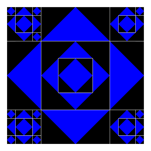 My artistic creation centers around a black square with a white outline with a blue diamond inside. This is repeatedly drawn inside itself and in the corners of the previous black square.