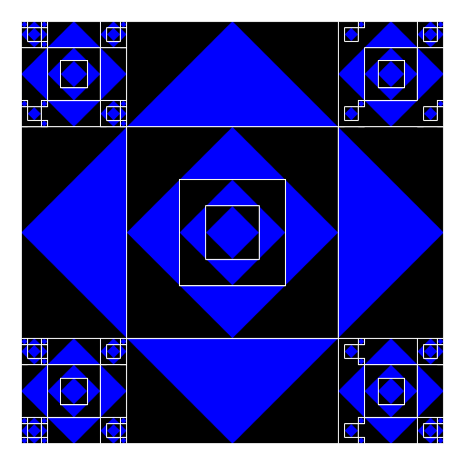 My artistic creation centers around a black square with a white outline with a blue diamond inside. This is repeatedly drawn inside itself and in the corners of the previous black square.