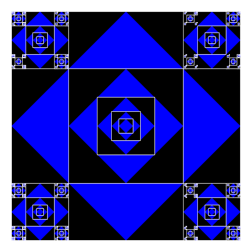 My artistic creation centers around a black square with a white outline with a blue diamond inside. This is repeatedly drawn inside itself and in the corners of the previous black square.