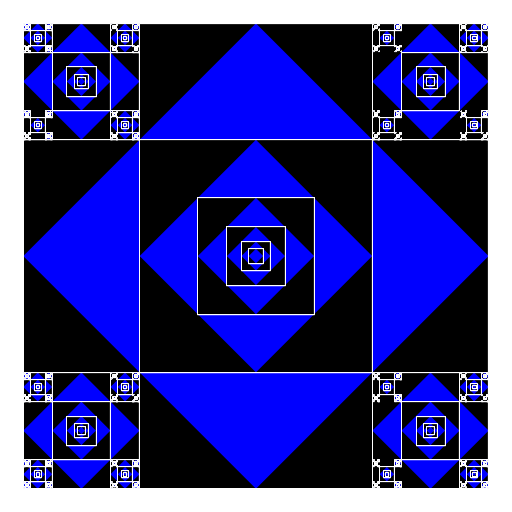 My artistic creation centers around a black square with a white outline with a blue diamond inside. This is repeatedly drawn inside itself and in the corners of the previous black square.