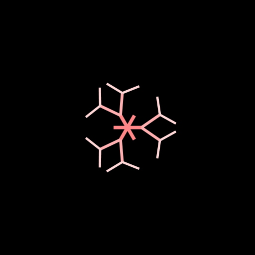 A circular pattern that resembles a crocheted detail. Inside the circle there is a flower with N petals. The circle is composed of N equally angled binary trees. The base case for the tree is rectangular. The angle between recursive ramifications is not constant, it increases non-linearly with N. The appropriate formula was found empirically. Since the pattern starts resembeling a crocheted detail after ~~8-9 recursions, but the testing runs only up to 7, when calling the recursive function the argument is changed to 2*N-1. For each tree the color of the branches gradually transitions between red and white. Source of inspiration : Annual Moldovan holiday that is celebrated in the begining of March, we wear red and white crocheted ornaments.