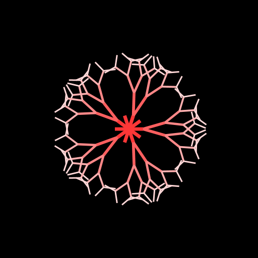 A circular pattern that resembles a crocheted detail. Inside the circle there is a flower with N petals. The circle is composed of N equally angled binary trees. The base case for the tree is rectangular. The angle between recursive ramifications is not constant, it increases non-linearly with N. The appropriate formula was found empirically. Since the pattern starts resembeling a crocheted detail after ~~8-9 recursions, but the testing runs only up to 7, when calling the recursive function the argument is changed to 2*N-1. For each tree the color of the branches gradually transitions between red and white. Source of inspiration : Annual Moldovan holiday that is celebrated in the begining of March, we wear red and white crocheted ornaments.