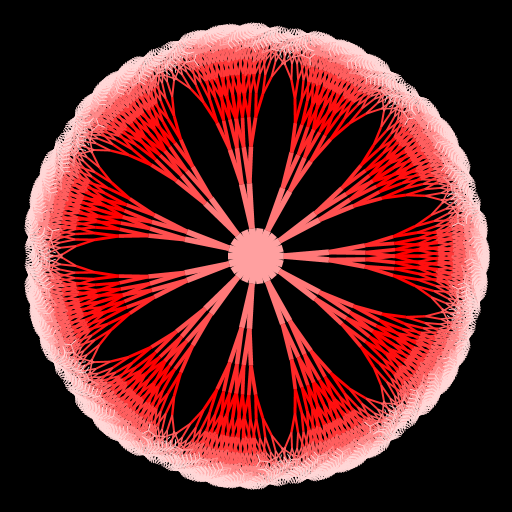 A circular pattern that resembles a crocheted detail. Inside the circle there is a flower with N petals. The circle is composed of N equally angled binary trees. The base case for the tree is rectangular. The angle between recursive ramifications is not constant, it increases non-linearly with N. The appropriate formula was found empirically. Since the pattern starts resembeling a crocheted detail after ~~8-9 recursions, but the testing runs only up to 7, when calling the recursive function the argument is changed to 2*N-1. For each tree the color of the branches gradually transitions between red and white. Source of inspiration : Annual Moldovan holiday that is celebrated in the begining of March, we wear red and white crocheted ornaments.