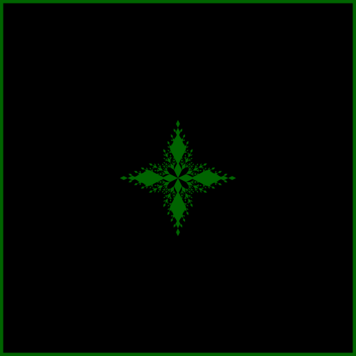I made a radiating fractal that repeats a simple geometric shape, specifically a diamond. I decided to have the diamonds come out of the corners of the root diamonds, resulting in a leaf-like pattern. This program makes use of vectors, transformation matrices, and linear algebra, to determine the dimensions and direction of branch diamonds based on the dimensions and direction of the root diamond.