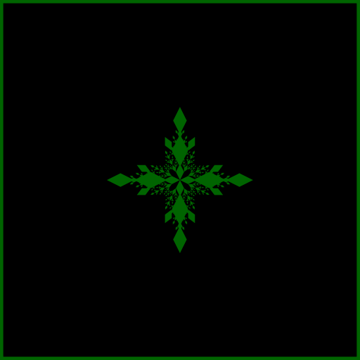 I made a radiating fractal that repeats a simple geometric shape, specifically a diamond. I decided to have the diamonds come out of the corners of the root diamonds, resulting in a leaf-like pattern. This program makes use of vectors, transformation matrices, and linear algebra, to determine the dimensions and direction of branch diamonds based on the dimensions and direction of the root diamond.