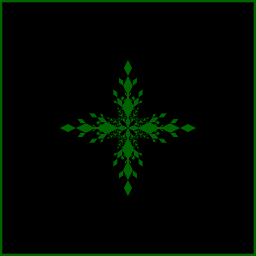 I made a radiating fractal that repeats a simple geometric shape, specifically a diamond. I decided to have the diamonds come out of the corners of the root diamonds, resulting in a leaf-like pattern. This program makes use of vectors, transformation matrices, and linear algebra, to determine the dimensions and direction of branch diamonds based on the dimensions and direction of the root diamond.