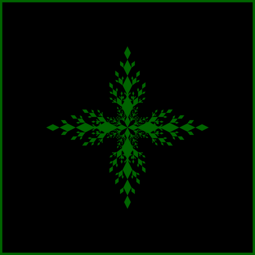 I made a radiating fractal that repeats a simple geometric shape, specifically a diamond. I decided to have the diamonds come out of the corners of the root diamonds, resulting in a leaf-like pattern. This program makes use of vectors, transformation matrices, and linear algebra, to determine the dimensions and direction of branch diamonds based on the dimensions and direction of the root diamond.
