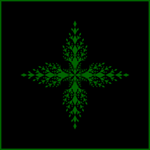 I made a radiating fractal that repeats a simple geometric shape, specifically a diamond. I decided to have the diamonds come out of the corners of the root diamonds, resulting in a leaf-like pattern. This program makes use of vectors, transformation matrices, and linear algebra, to determine the dimensions and direction of branch diamonds based on the dimensions and direction of the root diamond.